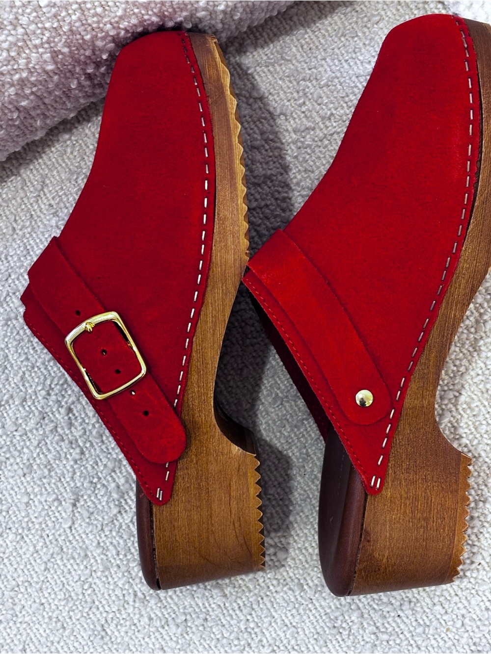 Anthropologie Red Suede Platform Clogs with Gold Buckle
